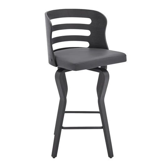 25" Gray And Black Faux Leather And Fabric And Iron Low Back Counter Height Swivel Bar Chair
