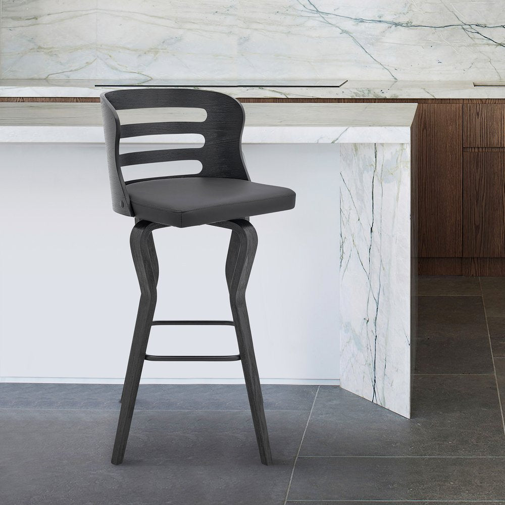 25" Gray And Black Faux Leather And Fabric And Iron Low Back Counter Height Swivel Bar Chair