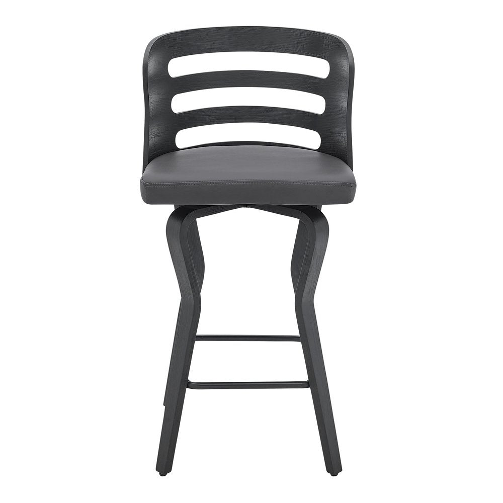 25" Gray And Black Faux Leather And Fabric And Iron Low Back Counter Height Swivel Bar Chair