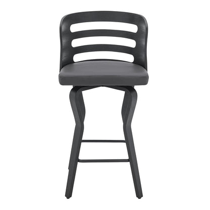 25" Gray And Black Faux Leather And Fabric And Iron Low Back Counter Height Swivel Bar Chair