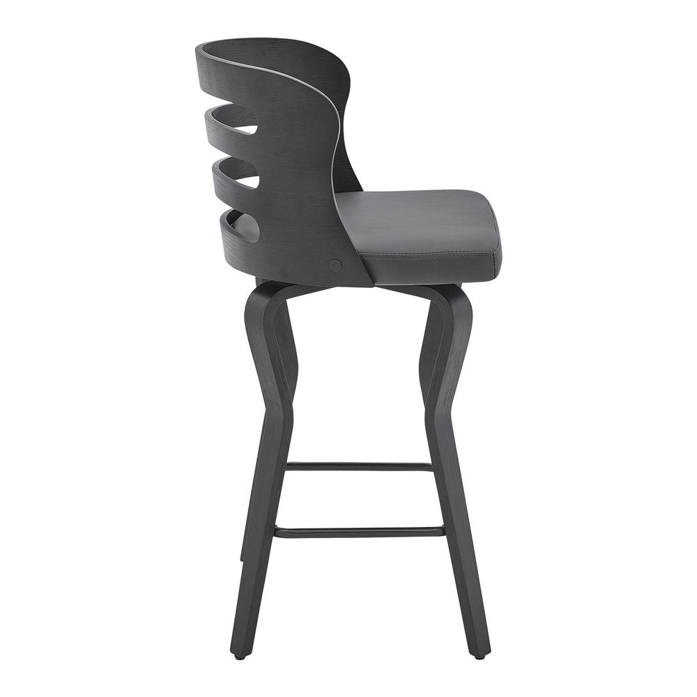 25" Gray And Black Faux Leather And Fabric And Iron Low Back Counter Height Swivel Bar Chair