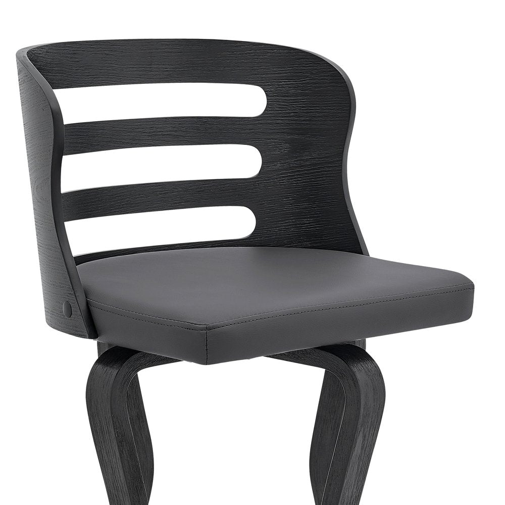 25" Gray And Black Faux Leather And Fabric And Iron Low Back Counter Height Swivel Bar Chair