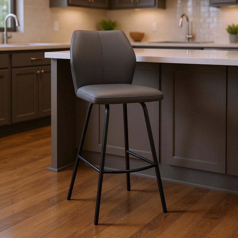 26" Gray And Black Faux Leather And Iron Counter Height Bar Chair