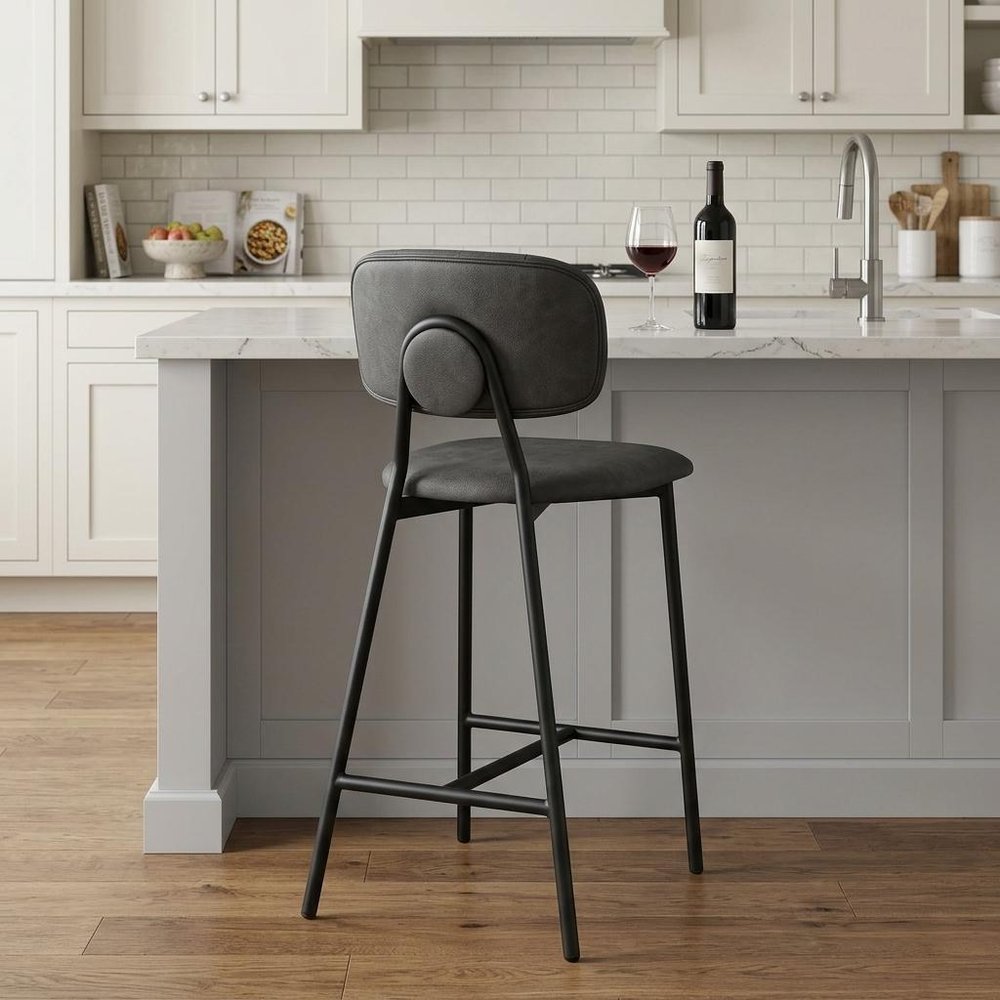 26" Gray And Black Faux Leather And Iron Low Back Counter Height Bar Chair