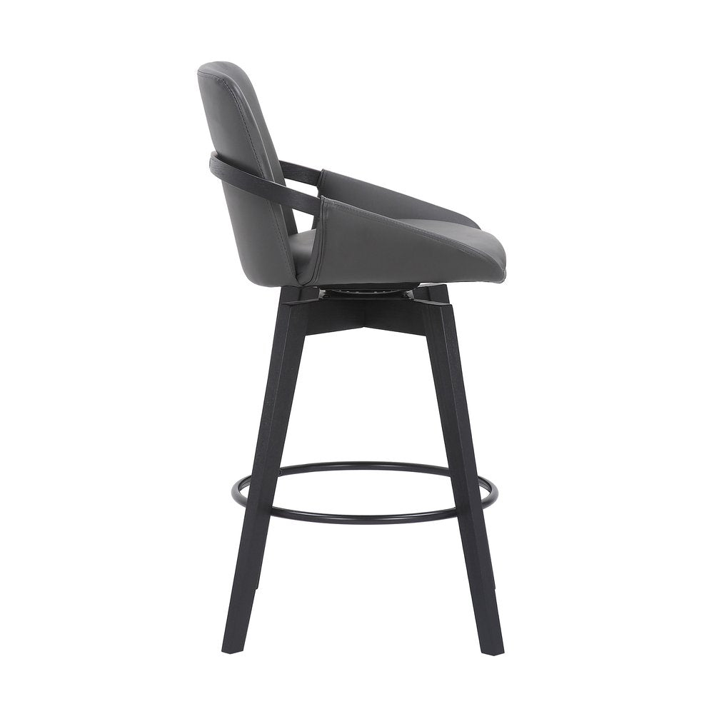 27" Gray And Black Faux Leather And Wood Low Back Bar Height Swivel Bar Chair