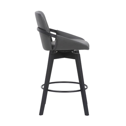 27" Gray And Black Faux Leather And Wood Low Back Bar Height Swivel Bar Chair
