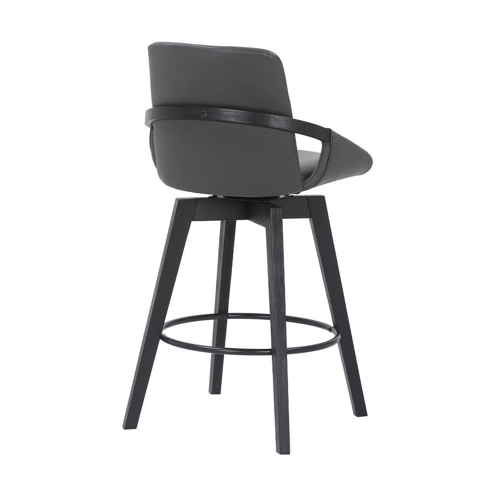 27" Gray And Black Faux Leather And Wood Low Back Bar Height Swivel Bar Chair