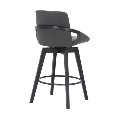 27" Gray And Black Faux Leather And Wood Low Back Bar Height Swivel Bar Chair