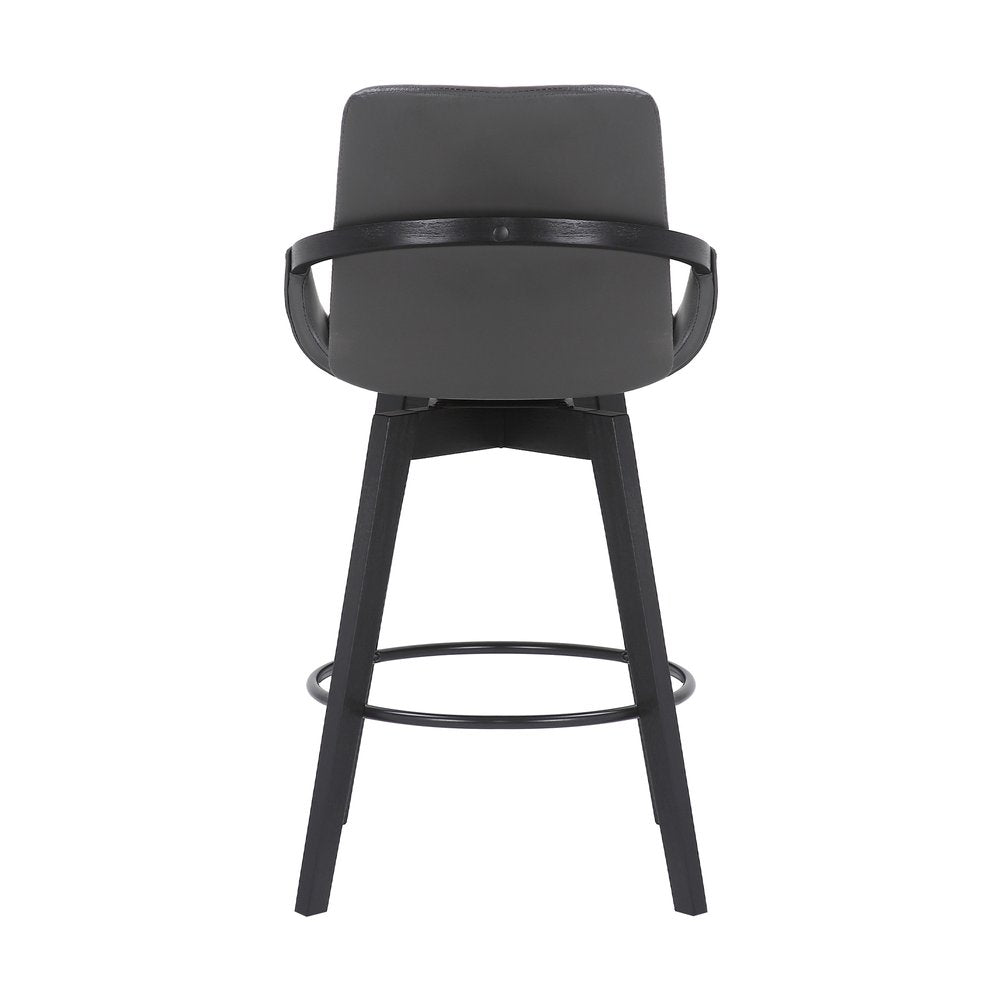 27" Gray And Black Faux Leather And Wood Low Back Bar Height Swivel Bar Chair