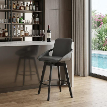 27" Gray and Black Faux Leather Low Back Bar Height Swivel Bar Chair