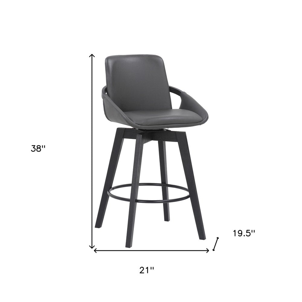 27" Gray And Black Faux Leather And Wood Low Back Bar Height Swivel Bar Chair