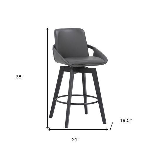 27" Gray And Black Faux Leather And Wood Low Back Bar Height Swivel Bar Chair