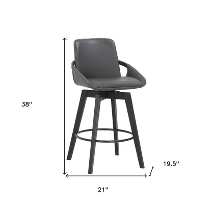 27" Gray And Black Faux Leather And Wood Low Back Bar Height Swivel Bar Chair