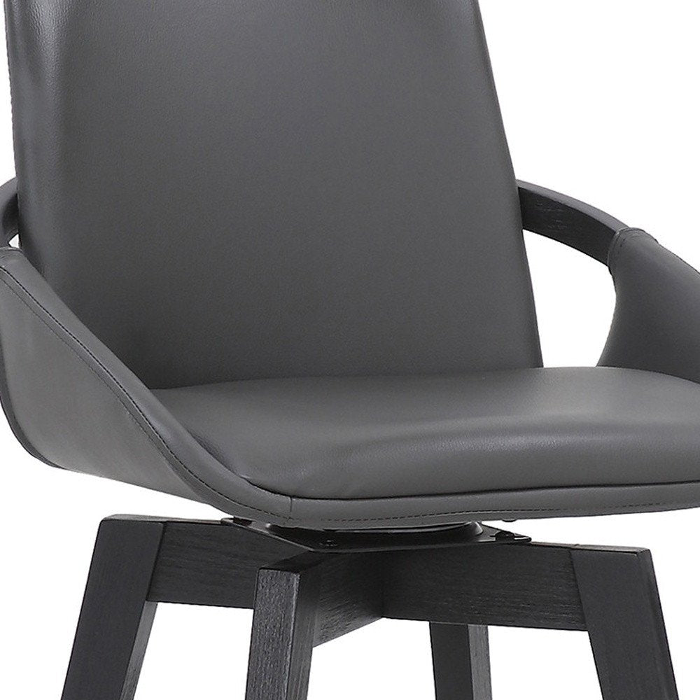 27" Gray And Black Faux Leather And Wood Low Back Bar Height Swivel Bar Chair