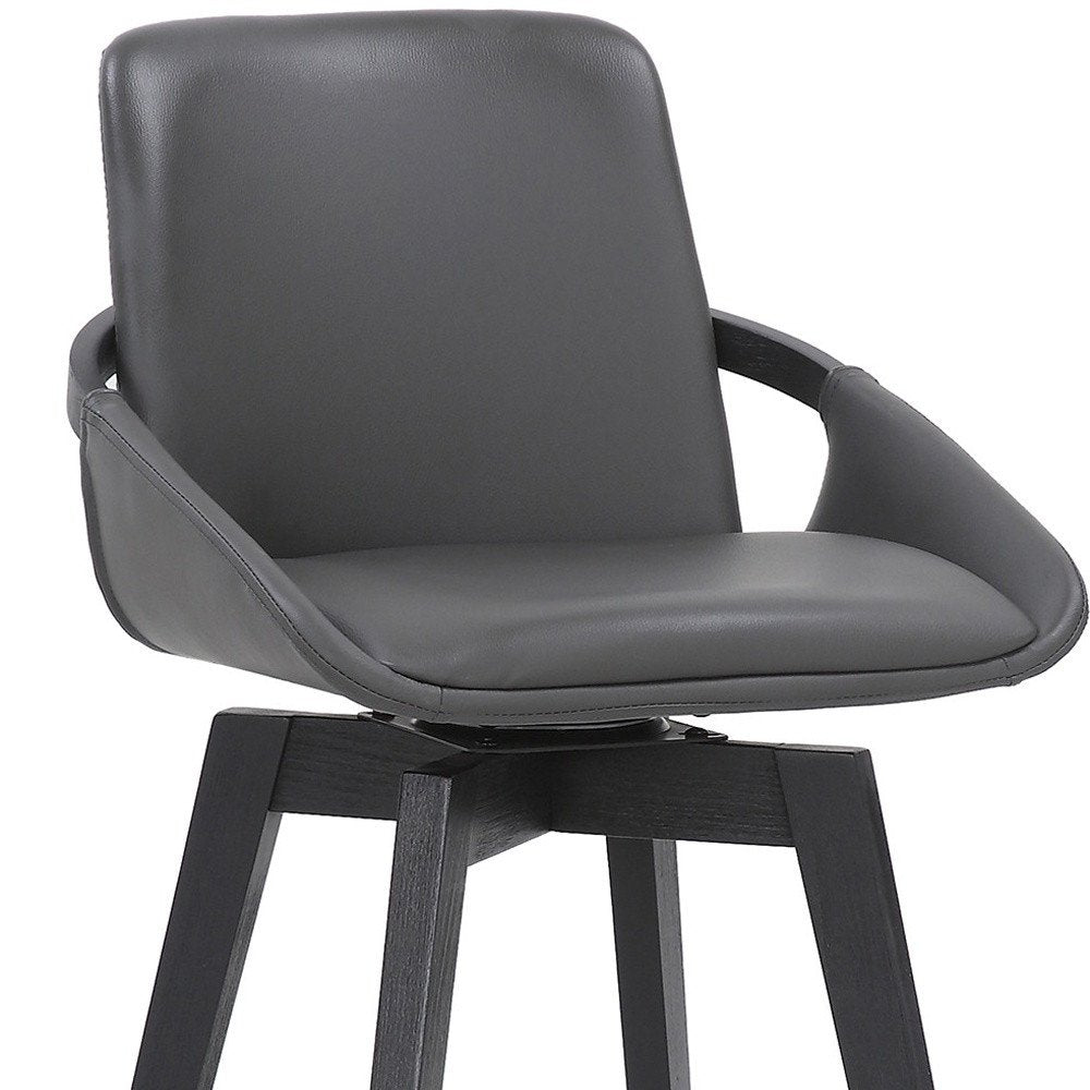27" Gray And Black Faux Leather And Wood Low Back Bar Height Swivel Bar Chair