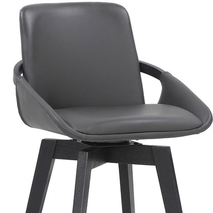 27" Gray And Black Faux Leather And Wood Low Back Bar Height Swivel Bar Chair