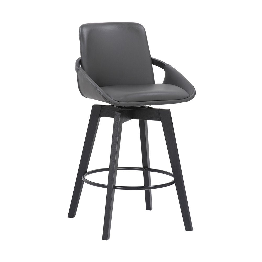 27" Gray And Black Faux Leather And Wood Low Back Bar Height Swivel Bar Chair