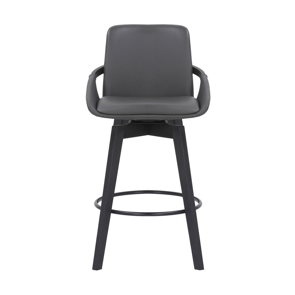 27" Gray And Black Faux Leather And Wood Low Back Bar Height Swivel Bar Chair