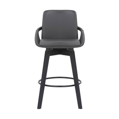 27" Gray And Black Faux Leather And Wood Low Back Bar Height Swivel Bar Chair