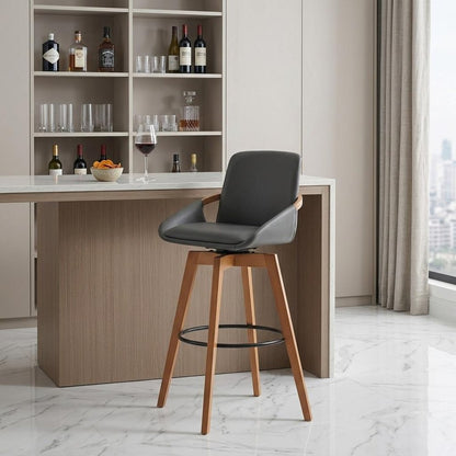 31" Gray And Black Fabric And Iron Bar Height Swivel Bar Chair