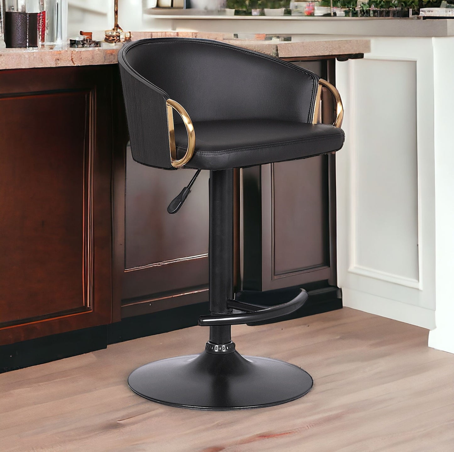 24" Black Faux Leather And Iron Swivel Low Back Adjustable Height Bar Chair