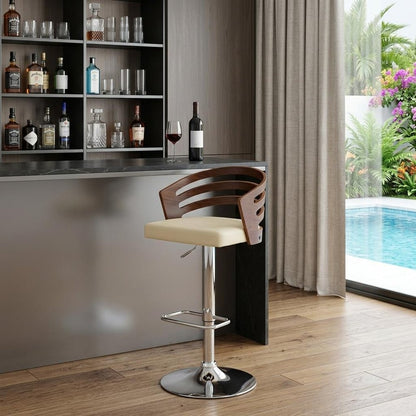 Cream And Silver Fabric And Iron Low Back Adjustable Height Swivel Bar Chair