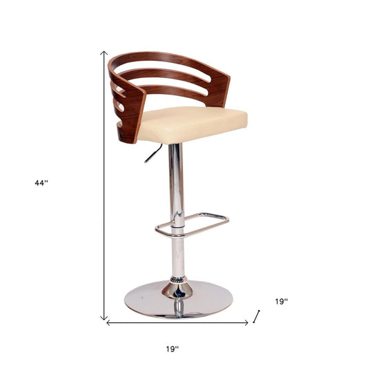 Cream And Silver Fabric And Iron Low Back Adjustable Height Swivel Bar Chair