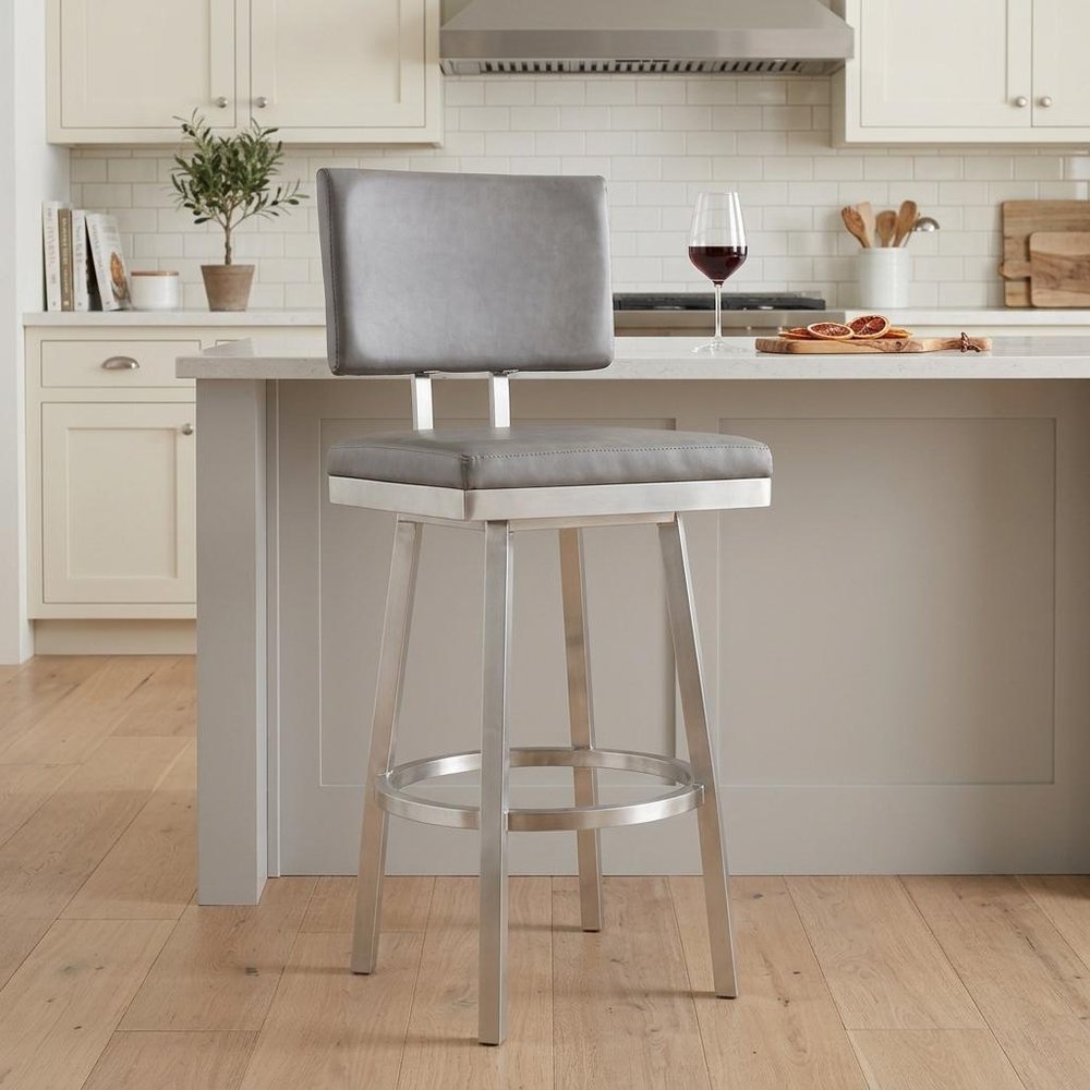 26" Light Gray And Silver Iron Swivel Counter Height Bar Chair