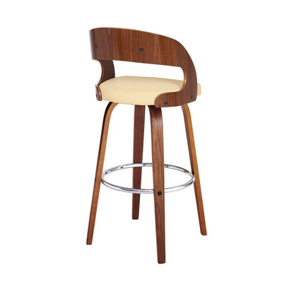 30" Cream And Brown Fabric And Iron Low Back Bar Height Swivel Bar Chair