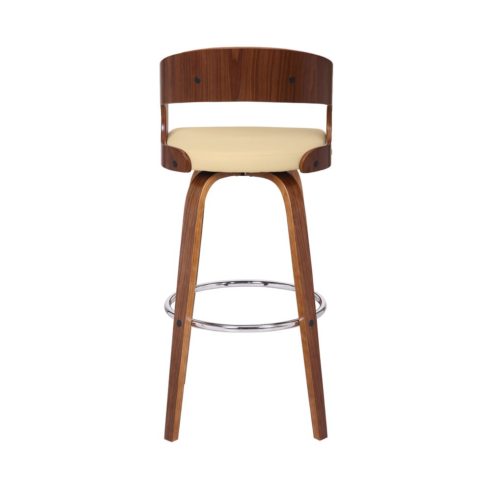 30" Cream And Brown Fabric And Iron Low Back Bar Height Swivel Bar Chair