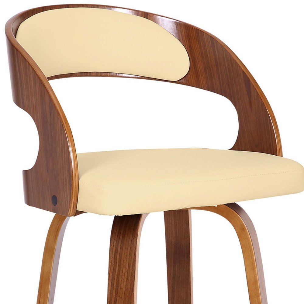 30" Cream And Brown Fabric And Iron Low Back Bar Height Swivel Bar Chair
