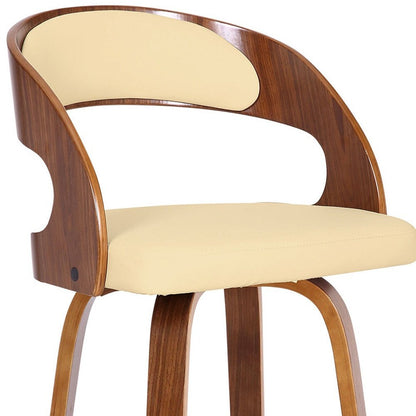 30" Cream And Brown Fabric And Iron Low Back Bar Height Swivel Bar Chair