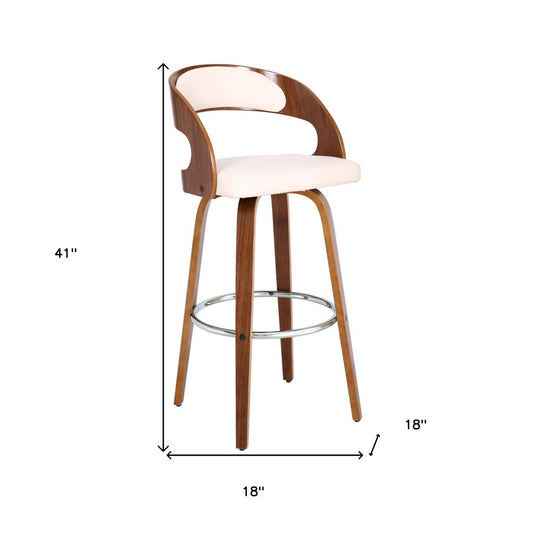 30" Cream And Brown Fabric And Iron Low Back Bar Height Swivel Bar Chair