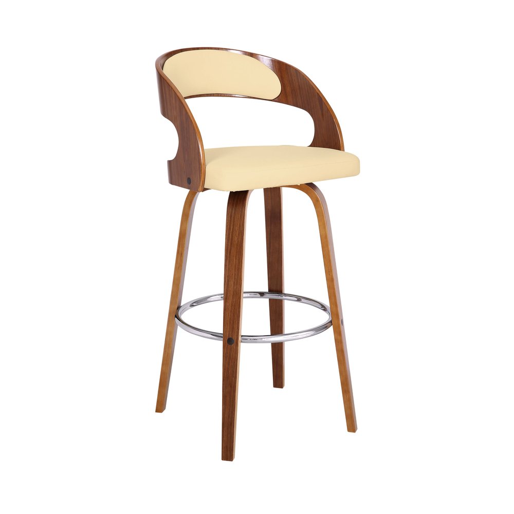 30" Cream And Brown Fabric And Iron Low Back Bar Height Swivel Bar Chair