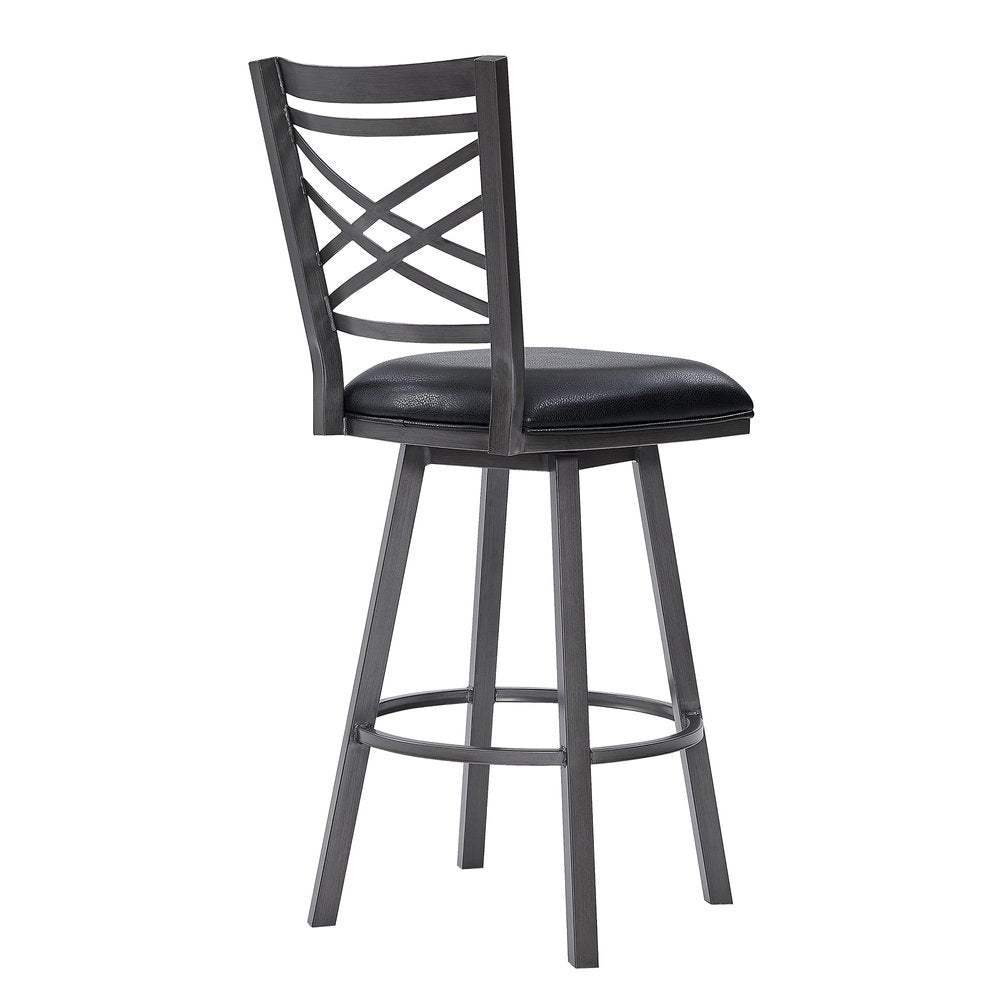 30" Black Faux Leather And Iron Bar Height Swivel Bar Chair