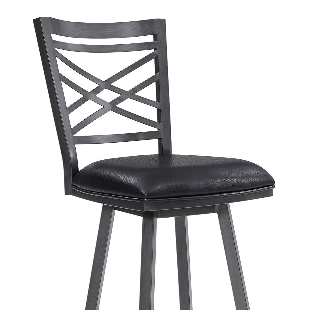 30" Black Faux Leather And Iron Bar Height Swivel Bar Chair