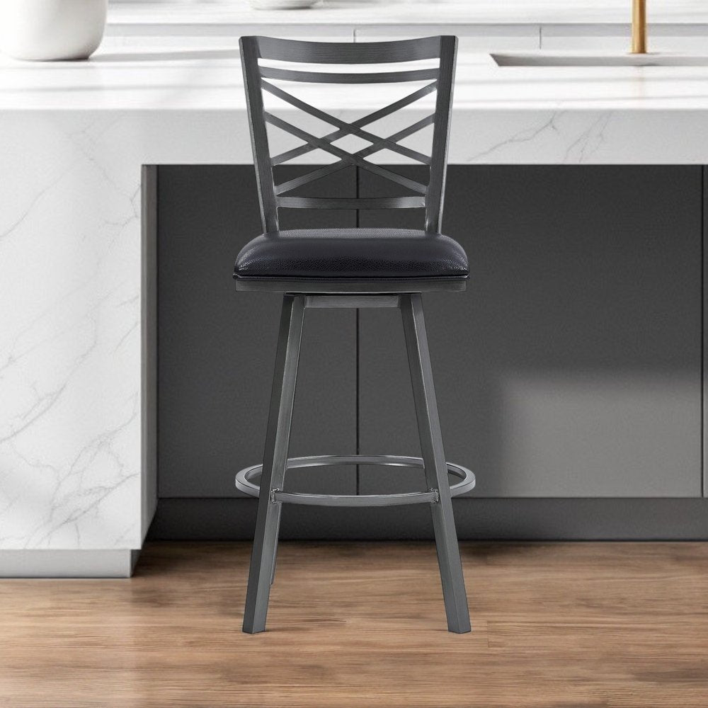 30" Black Faux Leather and Iron Bar Height Swivel Bar Chair