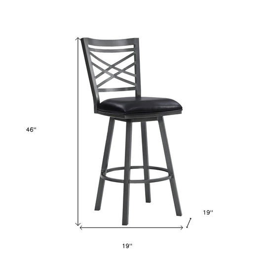 30" Black Faux Leather And Iron Bar Height Swivel Bar Chair