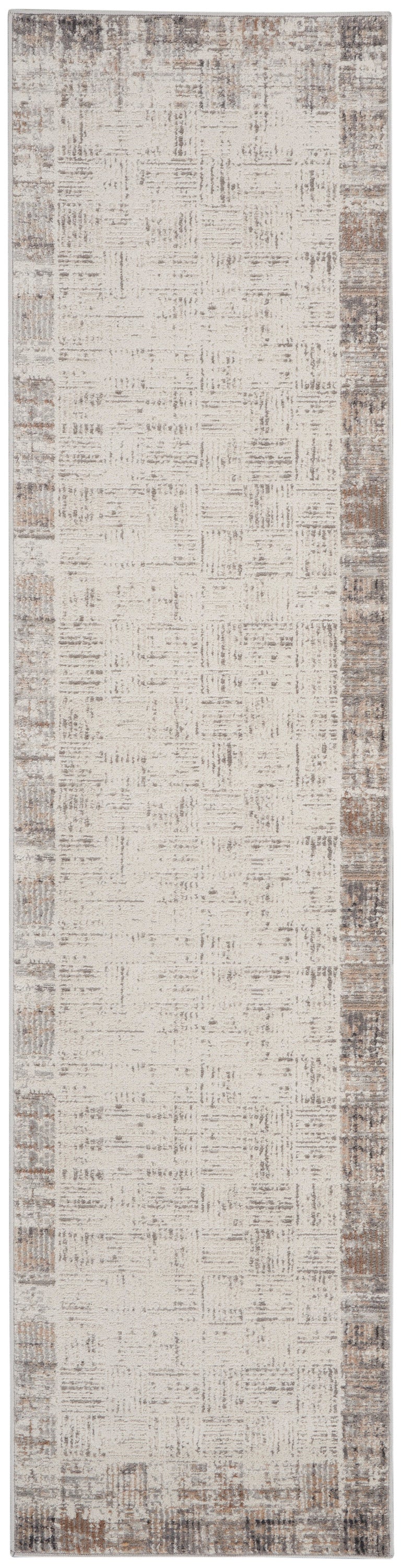 Long beige runner rug with a weathered brown border, distressed texture; rustic farmhouse style for hallway or entryway.