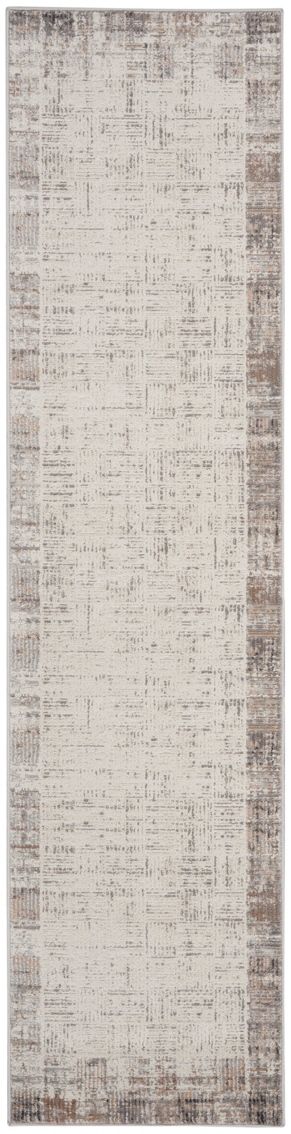 Long beige runner rug with a weathered brown border, distressed texture; rustic farmhouse style for hallway or entryway.