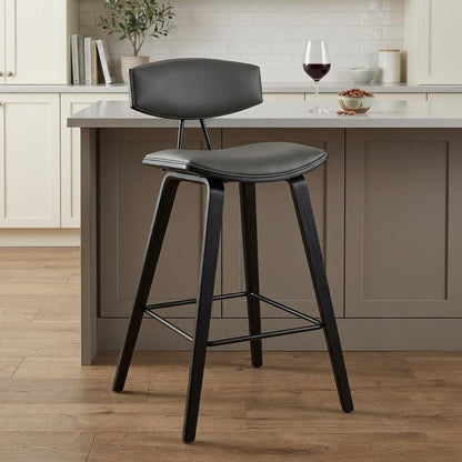 26" Gray and Black Faux Leather and Iron Low Back Counter Height Bar Chair