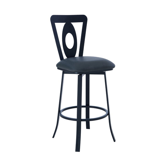 30" Gray And Black Faux Leather And Fabric And Iron Bar Height Swivel Bar Chair
