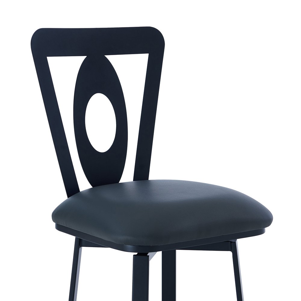 30" Gray And Black Faux Leather And Fabric And Iron Bar Height Swivel Bar Chair