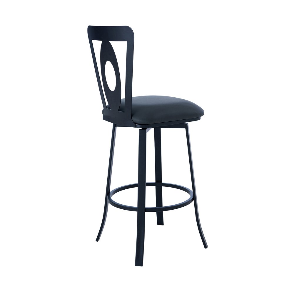 30" Gray And Black Faux Leather And Fabric And Iron Bar Height Swivel Bar Chair