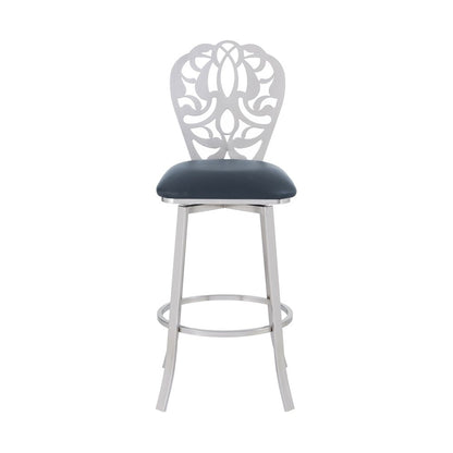 30" Gray And Silver Fabric And Iron Bar Height Swivel Bar Chair