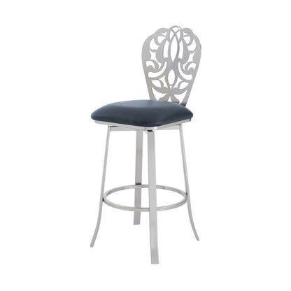 30" Gray And Silver Fabric And Iron Bar Height Swivel Bar Chair