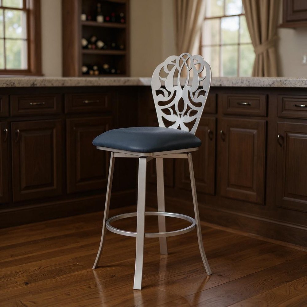 30" Gray And Silver Iron Swivel Bar Height Bar Chair