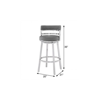 26" Gray And Silver Faux Leather And Iron Swivel Low Back Counter Height Bar Chair