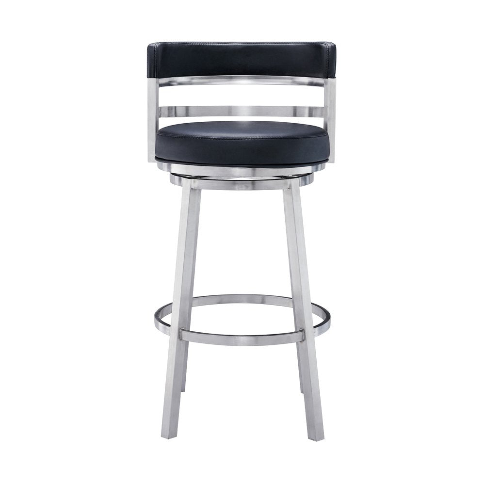 26" Black And Silver Faux Leather And Iron Low Back Counter Height Swivel Bar Chair