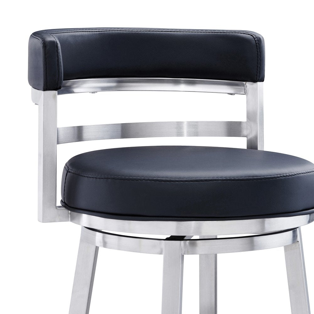 26" Black And Silver Faux Leather And Iron Low Back Counter Height Swivel Bar Chair